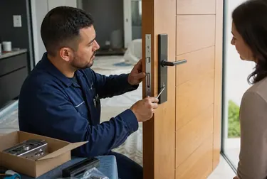 Chaveiro instalando fechadura em uma porta em Patos de Minas.